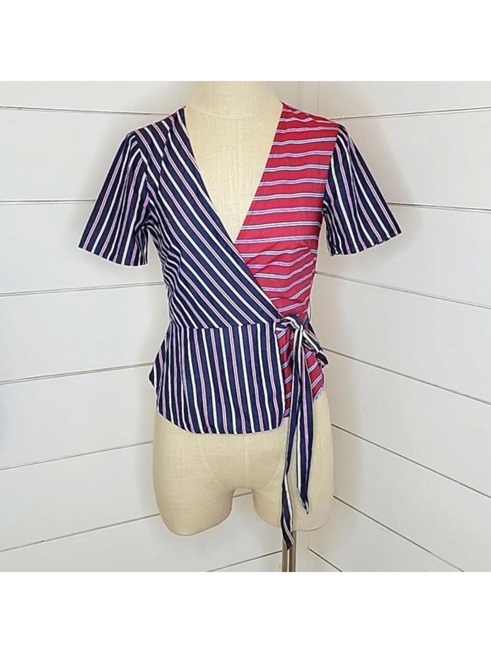 BCBGeneration xxs red blue white stripe wrap blouse